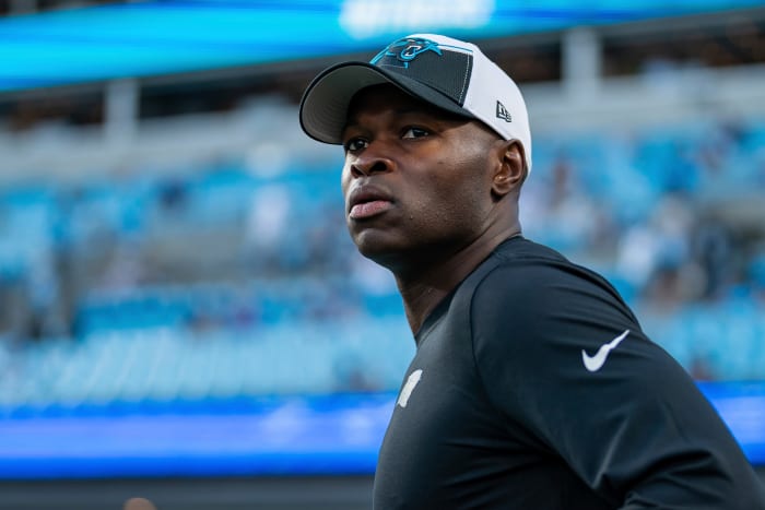 Panthers defensive coordinator Ejiro Evero looks on before an NFL football game against the New Orleans Saints